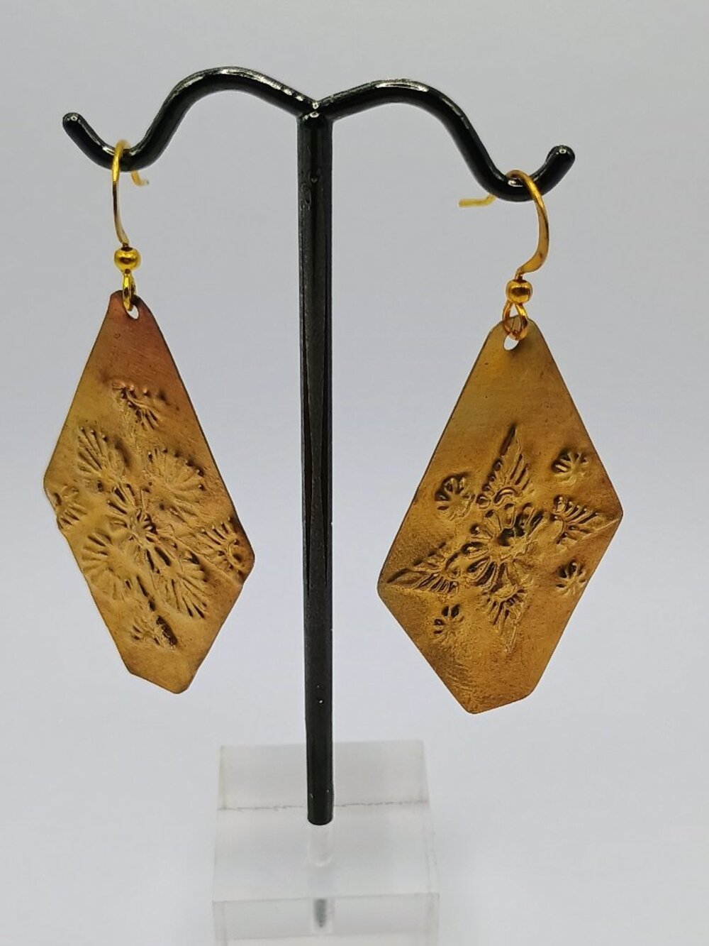 Handmade Bronze Earrings in Floral Diamond Shape